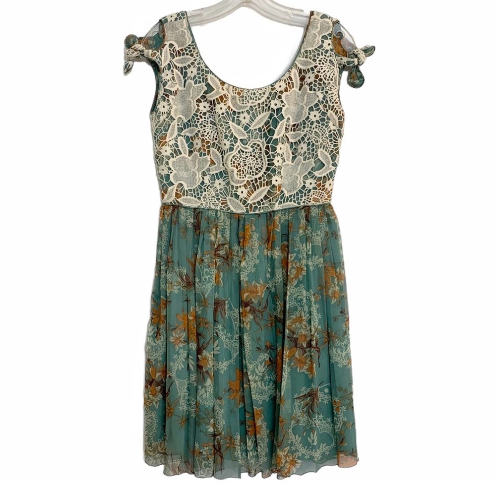 ANNA SUI Floral Crochet Lace Overlay Silk Dress 2013 Size 2 EUC